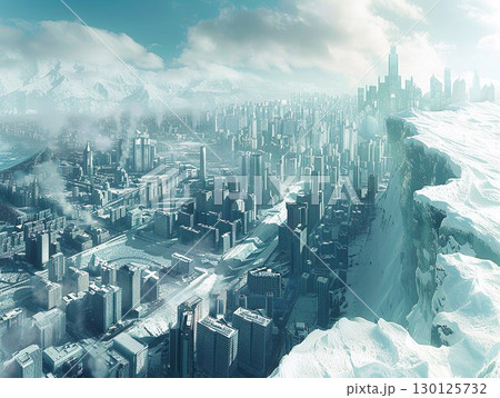 A futuristic cityscape emerges powerfully amidst a vast, icy and serene landscape 130125732