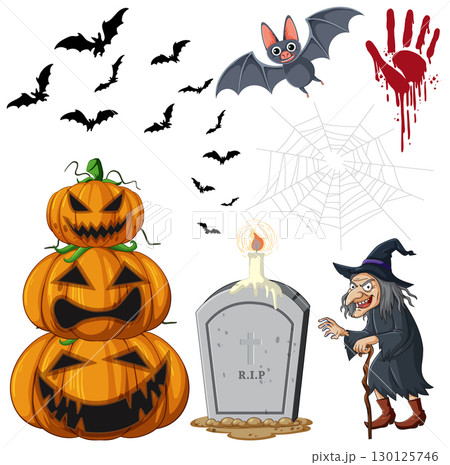 Halloween Vector Set with Pumpkins, Witch, and Bats 130125746