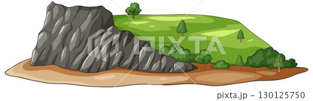 Rocky Cliff and Grassy Hill Vector Illustration 130125750