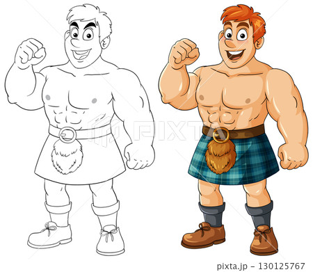 Cartoon Muscular Man in Tartan Kilt Raising Fist Cartoon Muscular Man in Tartan Kilt Raising Fist 130125767