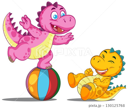 Cartoon Dinosaurs Playing with Colorful Beach Ball 130125768