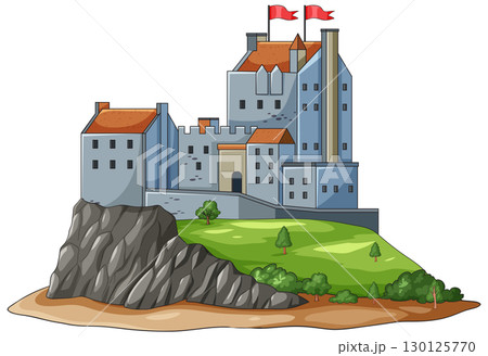 Medieval Stone Castle on Rocky Hill with Flags 130125770