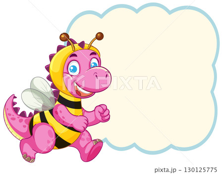 Cartoon Pink Dinosaur in Bee Costume with Speech Bubble Cartoon Pink Dinosaur in Bee Costume with Speech Bubble 130125775