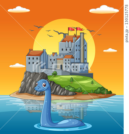 Cartoon Loch Ness Monster by Scottish Castle at Sunset 130125778
