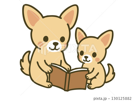 チワワの親子が本を読むかわいいイラスト チワワの親子が本を読むかわいいイラスト 130125882