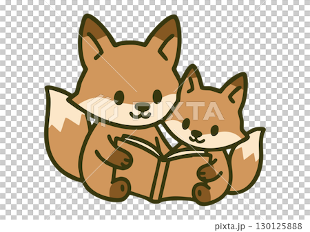 キツネの親子が仲良く読書するかわいいイラスト 130125888