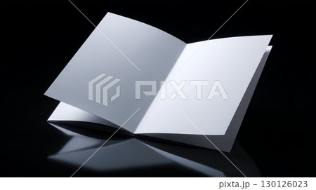 Blank open booklet with white pages on reflective surface, minimalistic design with soft lighting creating calm and clean atmosphere 130126023