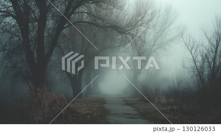 Foggy forest path with bare trees and dry grass creating mysterious and eerie atmosphere in early morning light 130126033