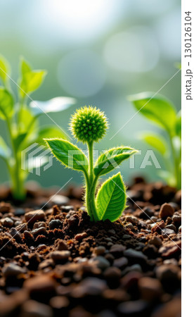 Young green plant sprouting from rich soil with soft natural light and blurred background creating fresh and hopeful atmosphere 130126104