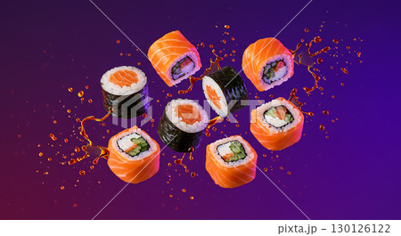Sushi rolls floating in the air with neon lighting and soy sauce splashes, purple gradient background, conceptual food photography, sharp focus Sushi rolls floating in the air with neon lighting and soy sauce splashes, purple gradient background, conceptual food photography, sharp focus 130126122