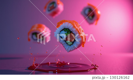 Sushi rolls floating in the air with neon lighting and soy sauce splashes, purple gradient background, conceptual food photography, sharp focus Sushi rolls floating in the air with neon lighting and soy sauce splashes, purple gradient background, conceptual food photography, sharp focus 130126162
