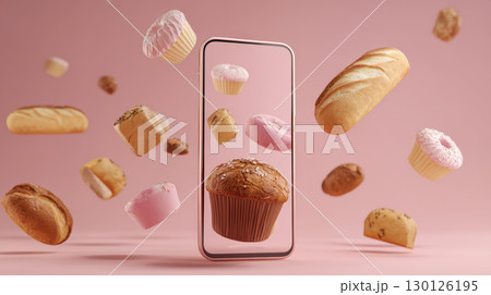 Bakery bread and pink cupcakes floating around smartphone with pink background, creating whimsical and appetizing scene Bakery bread and pink cupcakes floating around smartphone with pink background, creating whimsical and appetizing scene 130126195