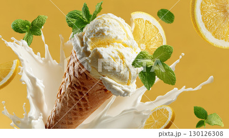 Vanilla ice cream cone with fresh mint leaves and lemon slices splashing in creamy milk on yellow background, refreshing dessert delight 130126308