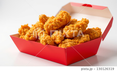 Golden crunchy chicken strips overflowing in red box, crispy and delicious fast food meal perfect for sharing and satisfying hunger 130126319