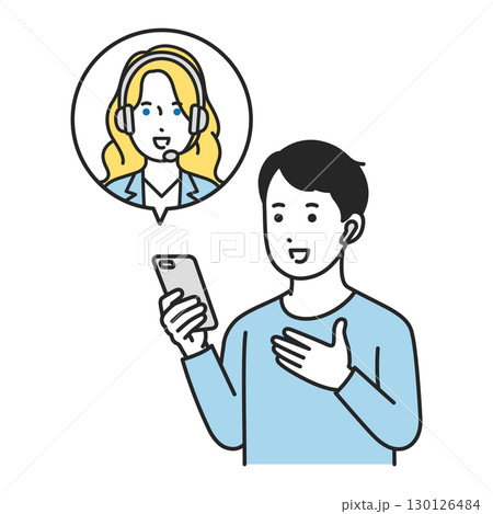 スマホでオンライン英会話を受講する男性生徒のイラスト 130126484