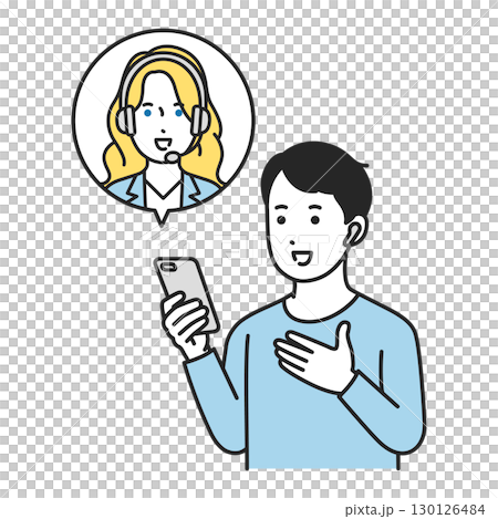 Illustration of a male student taking online English lessons on a smartphone 130126484