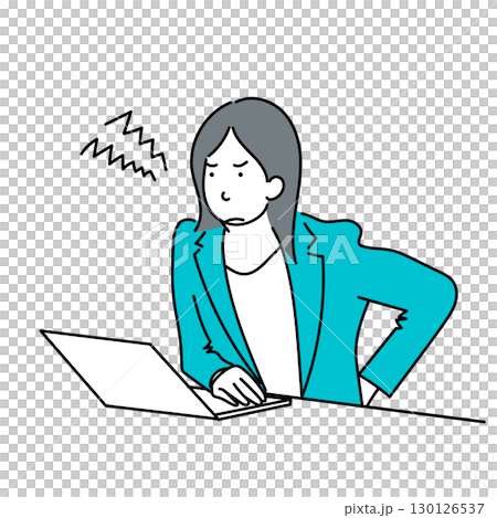 イラスト素材: ノートパソコン作業で腰痛に悩む女性オフィスワーカーのベクターイラスト 130126537