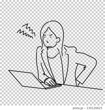 Stock Illustration: Black line vector illustration of a female office worker suffering from back pain while working on a computer 130126625