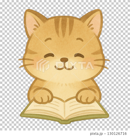 Illustration of a kitten reading a book 130126716