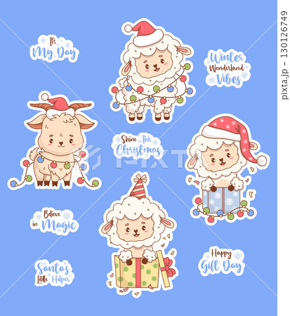 Cute Christmas Sheep and Goat stickers. New Year Farm cartoon Animal in Santa Hat with Festive Garland, Gift Box and Cool Slogans. Isolated Holiday Funny Characters. Vector illustration. Not AI 130126749