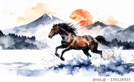 駆ける馬と富士山の水彩・水墨画イラスト  午年の年賀状素材 130126935