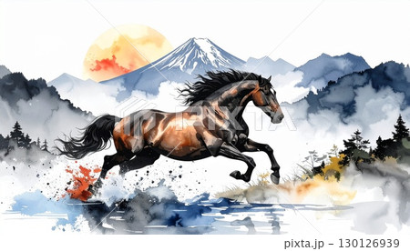 駆ける馬と富士山の水彩・水墨画イラスト  午年の年賀状素材 130126939