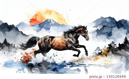 駆ける馬と富士山の水彩・水墨画イラスト  午年の年賀状素材 130126949