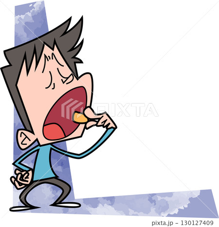 大きく口を開けて何かを口に入れようとしている男性フレーム 130127409