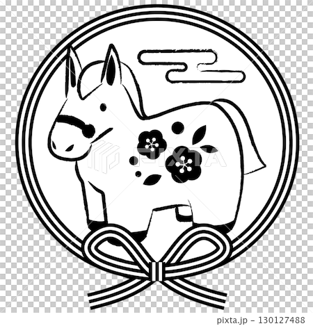 Year of the Horse Icon 04, Monochrome Line Drawing Horse, Mizuhiki, Bowknot, Cute, Illustration 130127488