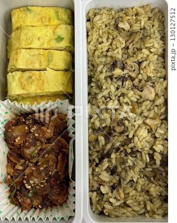 A traditional Korean dosirak, beautifully arranged with rice, assorted banchan, and savory proteins. Balanced and visually inviting, its a portable meal packed with vibrant flavors. 130127512