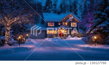 Cozy christmas house decorated with glowing lights in snowy landscape at twilight 130127780