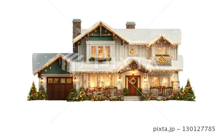 Beautiful home decorated with christmas lights on snowy ground 130127785