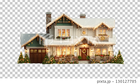 Beautiful home decorated with christmas lights on snowy ground 130127785