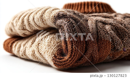 Folded knitted sweater showing cable knit detailing on white background Folded knitted sweater showing cable knit detailing on white background 130127823