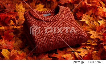 Warm brown knitted sweater floating with autumn leaves 130127829
