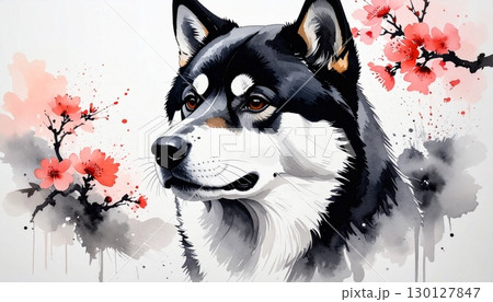桜とハスキーの水彩画 / Watercolor Husky with Cherry Blossoms 130127847