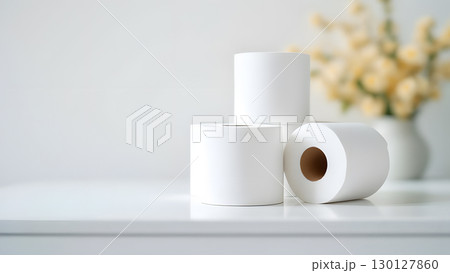 シンプルで清潔感のあるトイレットペーパーのイメージ画像 コピースペース 130127860