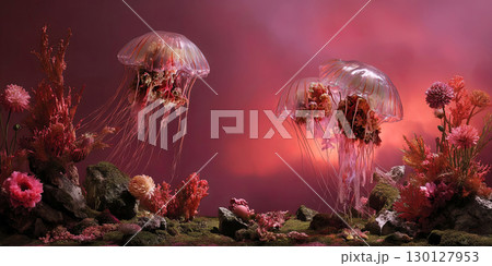 A stunning underwater scene featuring ethereal jellyfish surrounded by vibrant corals 130127953