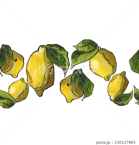 Seamless border of lemons and green leaves. Hand drawn illustration with watercolor and ink. Drawing for printing on paper, fabric, scrapbooking, ribbon, cards, invitations, packaging. Banner, citrus 130127965
