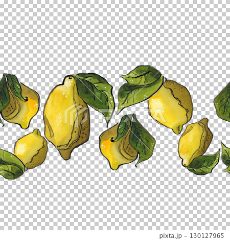 Seamless border of lemons and green leaves. Hand drawn illustration with watercolor and ink. Drawing for printing on paper, fabric, scrapbooking, ribbon, cards, invitations, packaging. Banner, citrus Seamless border of lemons and green leaves. Hand drawn illustration with watercolor and ink. Drawing for printing on paper, fabric, scrapbooking, ribbon, cards, invitations, packaging. Banner, citrus 130127965