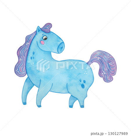 Blue horse standing, cartoon character. Symbol of the new year 2026. Watercolor illustration hand drawn. Drawing template for postcards, stickers, posters, scrapbooking. New Year, Chinese horoscope 130127989