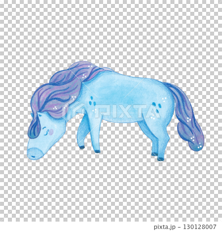 Blue horse with his head bent. Symbol of the new year 2026. Watercolor illustration drawn, cartoon. Drawing for stickers, scrapbooking, postcards. Horse, blue, new year, symbol, mane, animal, fairy  130128007