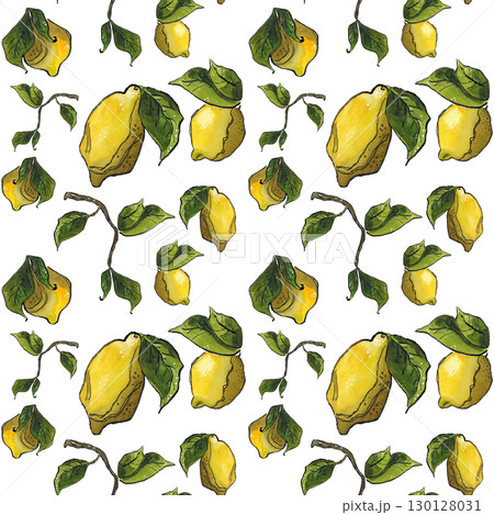 Seamless pattern of lemons and branches with leaves. Hand drawn illustration with watercolor and ink. Drawing for design of cards, fabric, paper. Fruit, citrus, yellow, graphic, branch, leaf, green 130128031