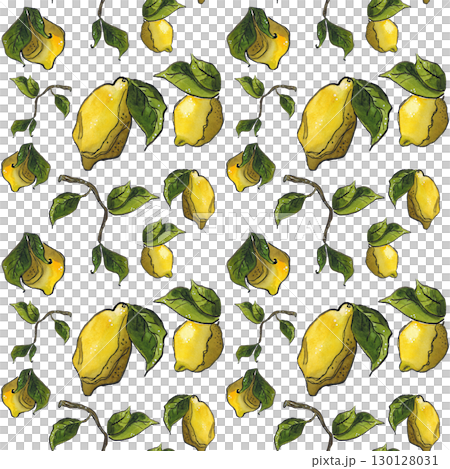 Seamless pattern of lemons and branches with leaves. Hand drawn illustration with watercolor and ink. Drawing for design of cards, fabric, paper. Fruit, citrus, yellow, graphic, branch, leaf, green 130128031