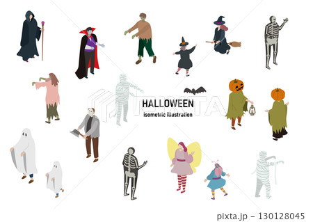 ハロウィンの仮装を楽しむ人々のアイソメトリックイラスト、アイソメ 130128045