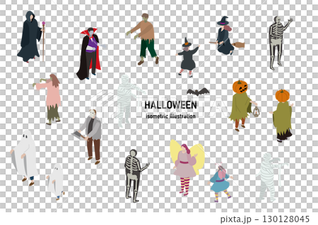 人們享受萬聖節服裝的等距插圖,等距 人們享受萬聖節服裝的等距插圖,等距 130128045