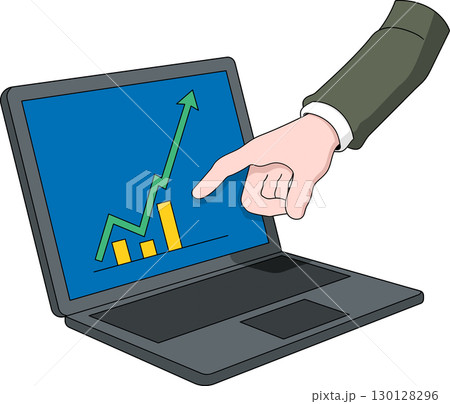 Business Hand Pointing at Growth Chart on Laptop Illustration 130128296