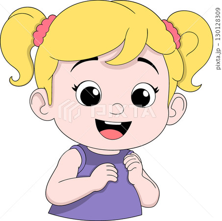 Cute Cartoon Little Girl with Blond Hair and Pigtails Cute Cartoon Little Girl with Blond Hair and Pigtails 130128309