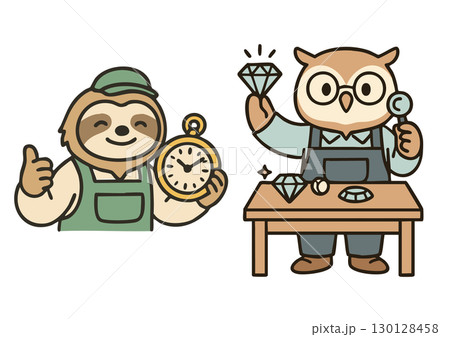 ナマケモノの時計職人とフクロウの宝石鑑定士のかわいいイラスト 130128458
