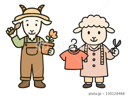 ヤギの庭師とヒツジの服飾デザイナーのかわいい動物キャラクター 130128466